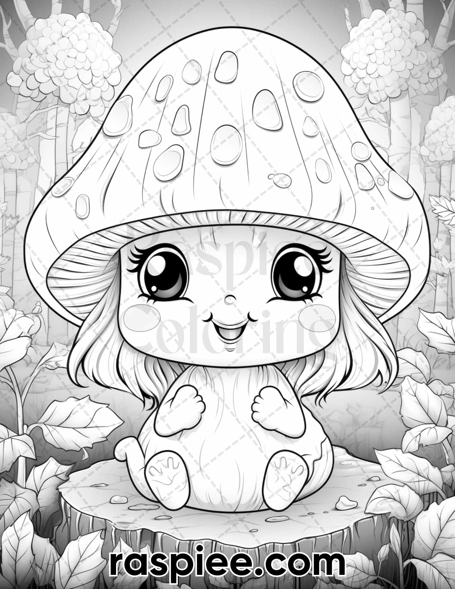 Kawaii mushrooms grayscale coloring pages for adults printable pdf â coloring