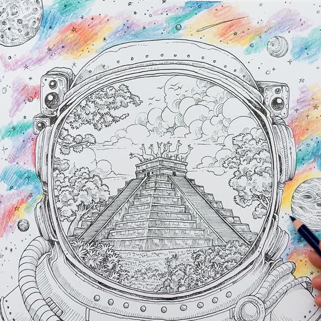 I colored a galaxy scene in the worlds within worlds coloring book by kerby rosanes