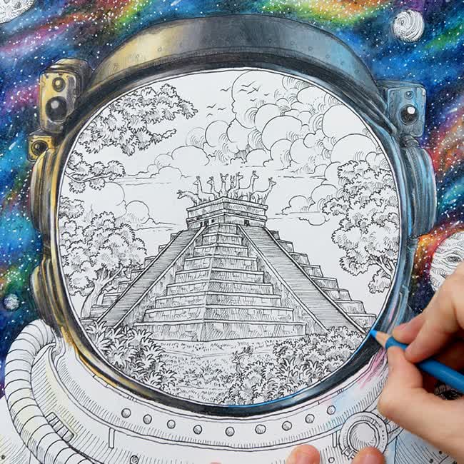 I colored a galaxy scene in the worlds within worlds coloring book by kerby rosanes