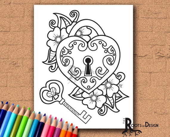 Instant download coloring page key to my heart doodle art printable