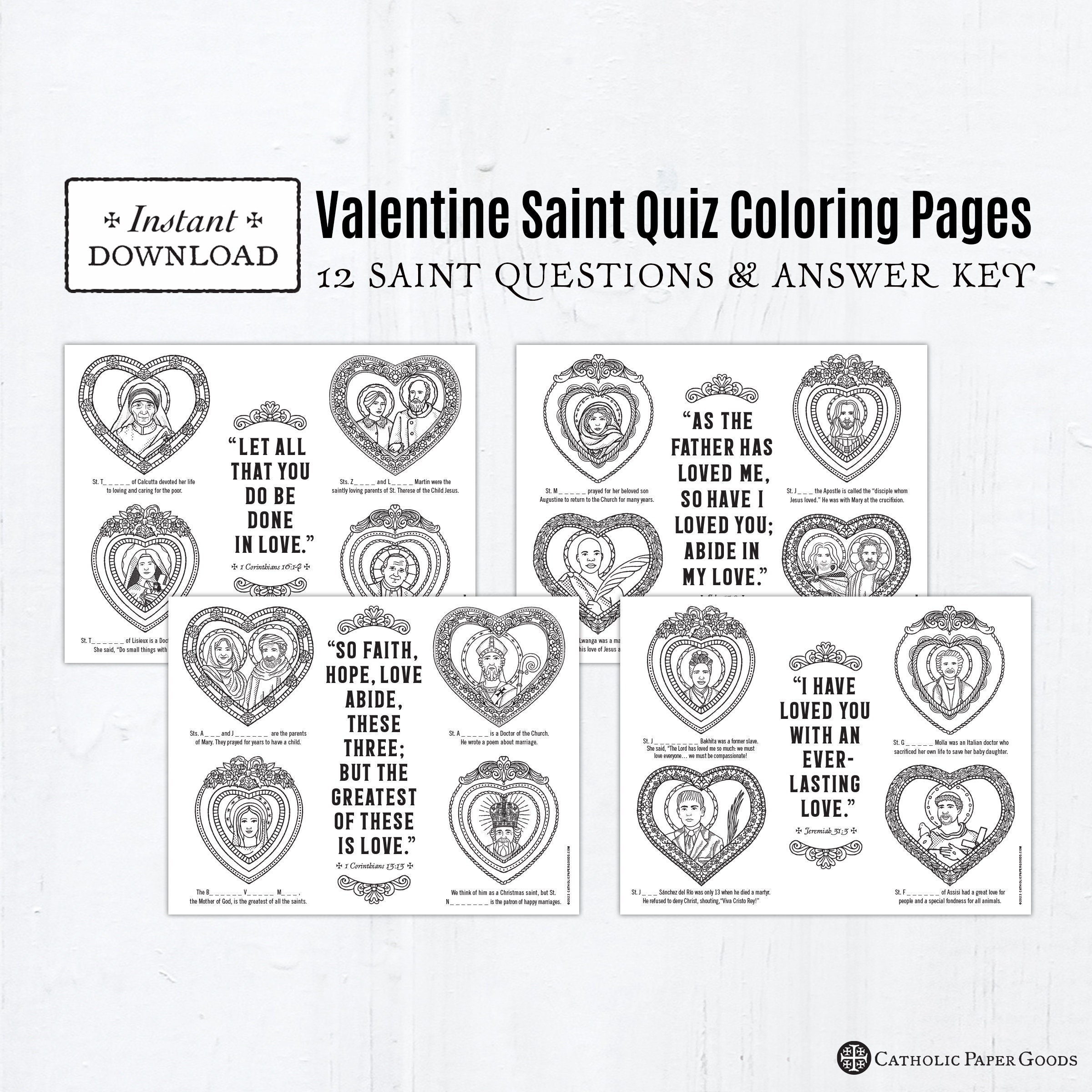 Valentine saints coloring pages and word game catholic saints printable coloring pages valentines day activity saint quiz answer key