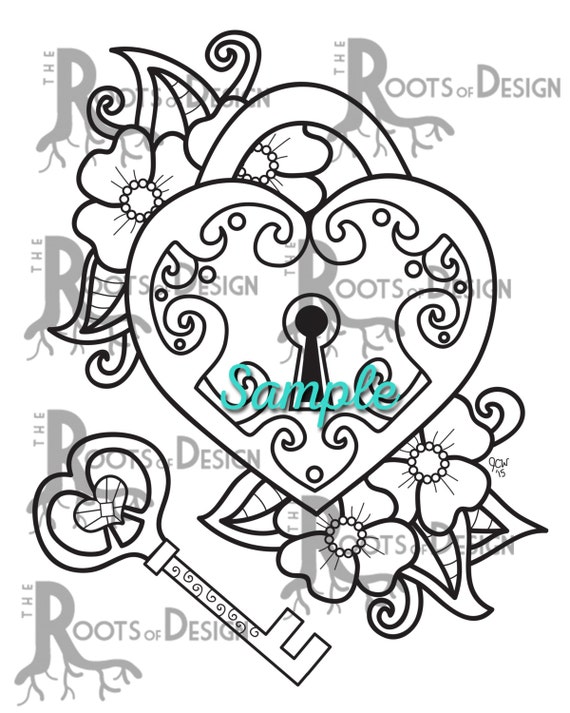 Instant download coloring page key to my heart doodle art printable instant download