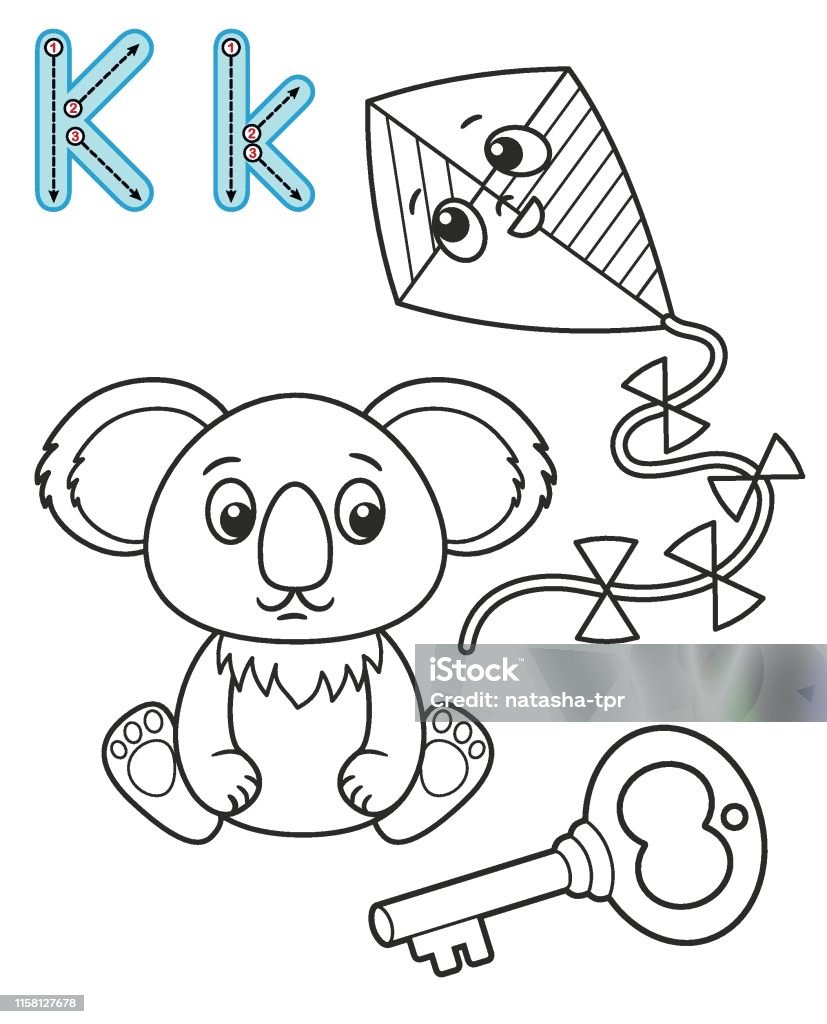 Letter k key koala kite vector coloring book alphabet printable coloring page for kindergarten and preschool stock illustration