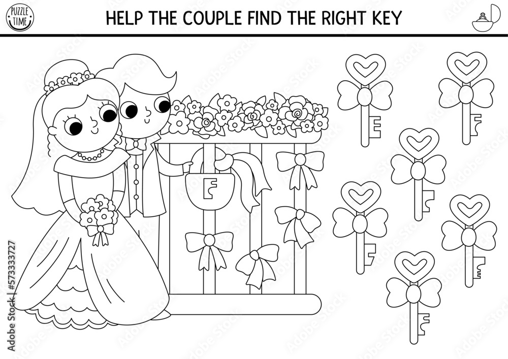 Find the right key for the lock wedding black and white matching activity for children marriage ceremony coloring page worksheet for kids printable game with bride and groom vector