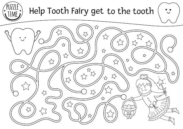 Premium vector black and white dental care maze for children preschool line dentist clinic activity or coloring page help the tooth fairy get to the tooth mouth hygiene labyrinth for kidsxa