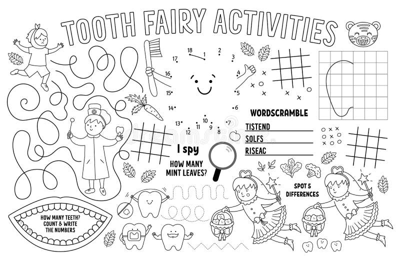 Vector tooth fairy placemat for kids mouth care printable activity mat with maze tic tac toe charts connect the dots find stock vector