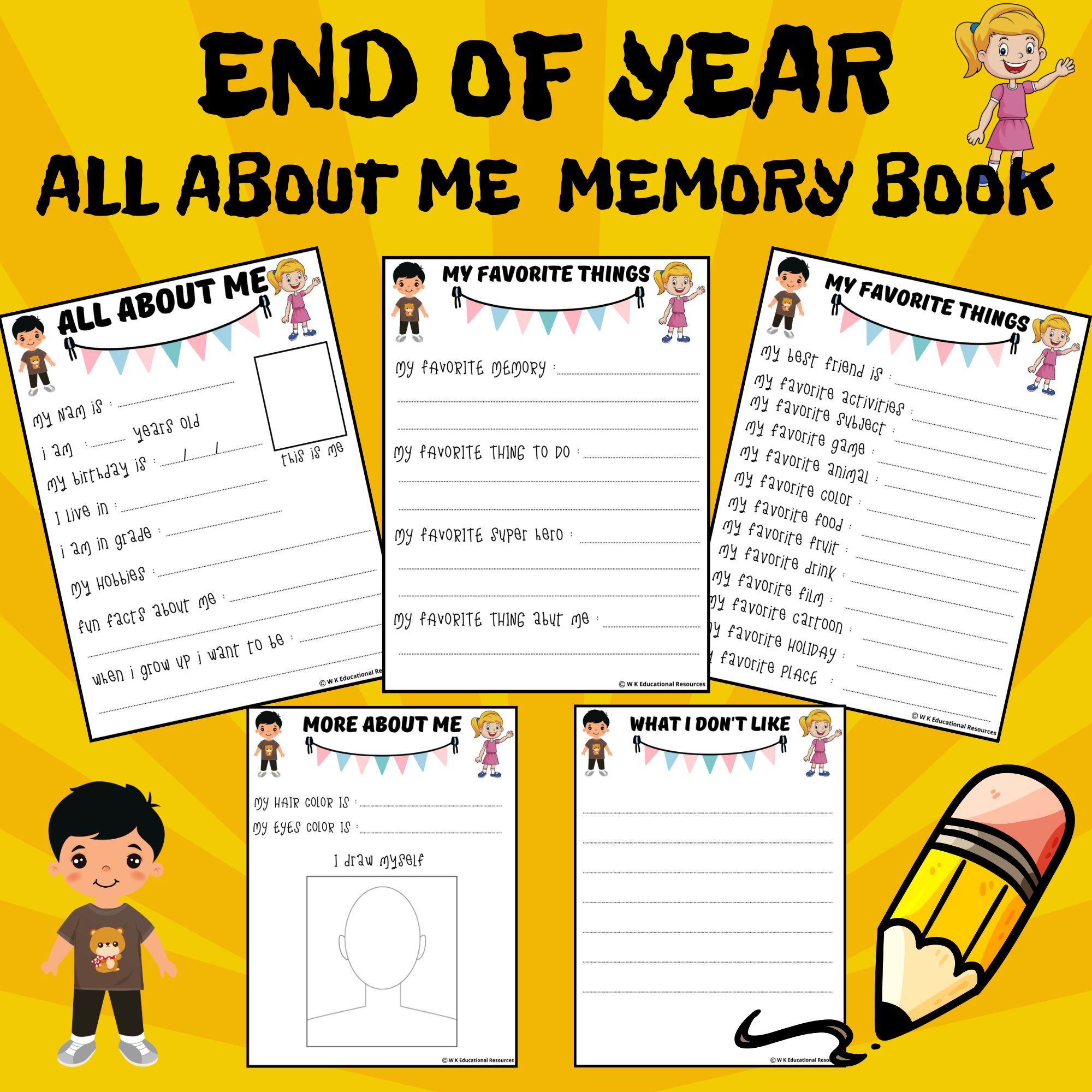 End of year memory book all about me questionsquestionnaire draw worksheets made by teachers