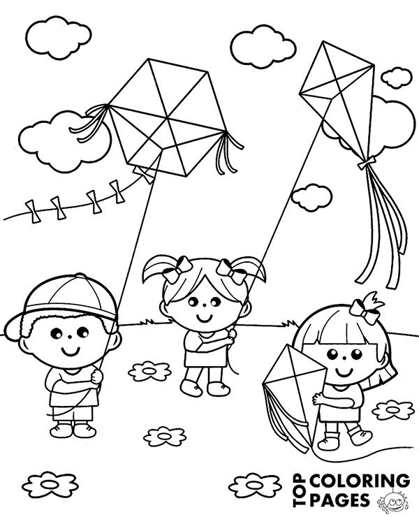 Children and kites printable coloring page