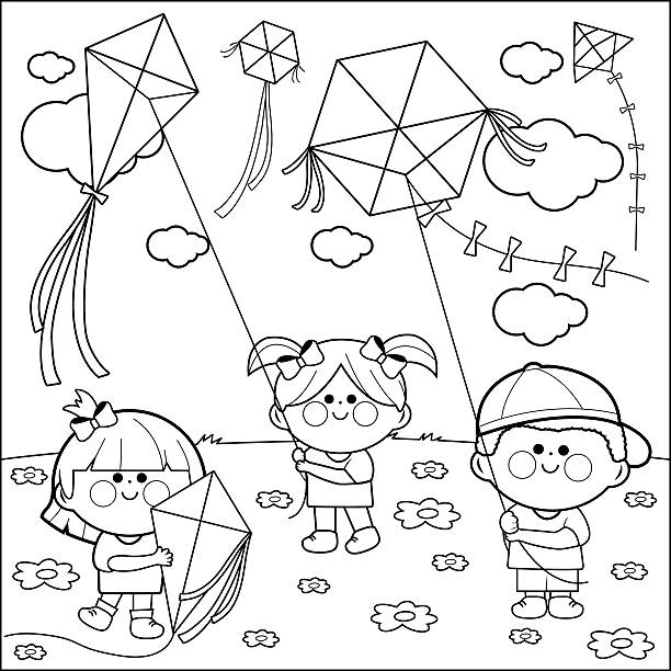 Children flying kites coloring book page stock illustration