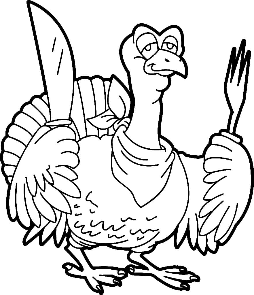 Turkey with knife and fork coloring page