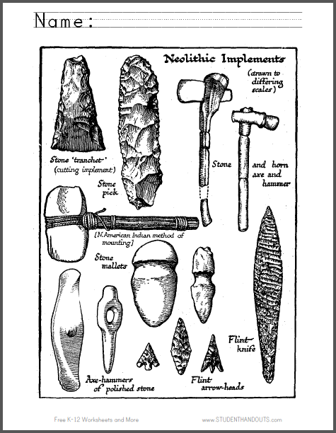 Neolithic tools coloring page student handouts