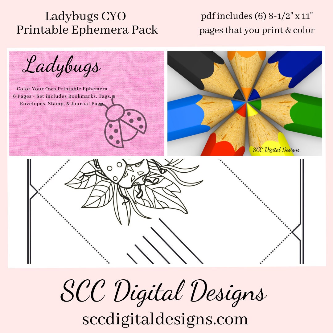 Ladybug coloring pages color your own art printable ephemera set ta â scc digital designs