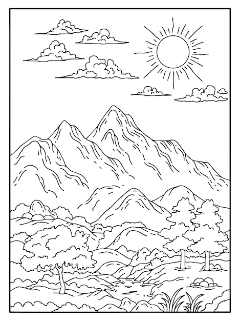 Premium vector design nature landscape outline coloring page