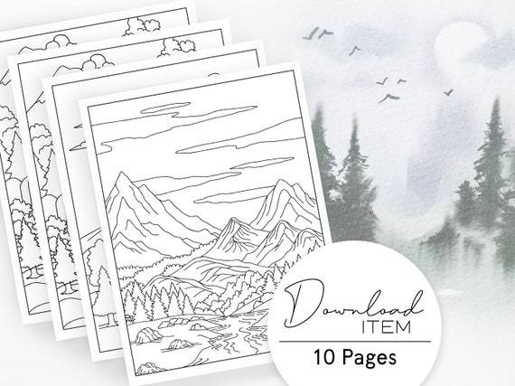 Landscape coloring pages for adults mountain rivers printable pdf with pages nature designs digital coloring book for stress