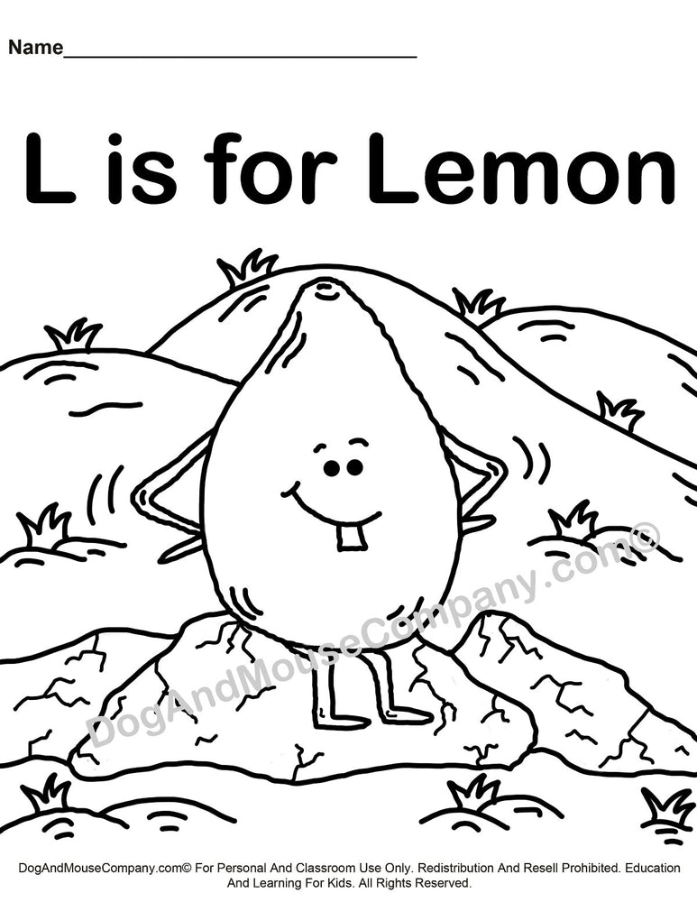 L is for lemon coloring page learn your abcs worksheet printable â dog and mouse pany