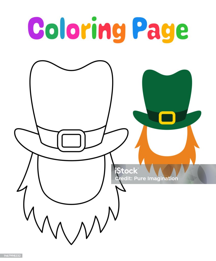 Coloring page with leprechaun hat with beard for kids stock illustration