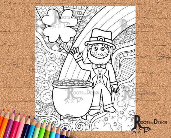 Instant download coloring page st patricks day leprechaun print zentangle inspired doodle art printable