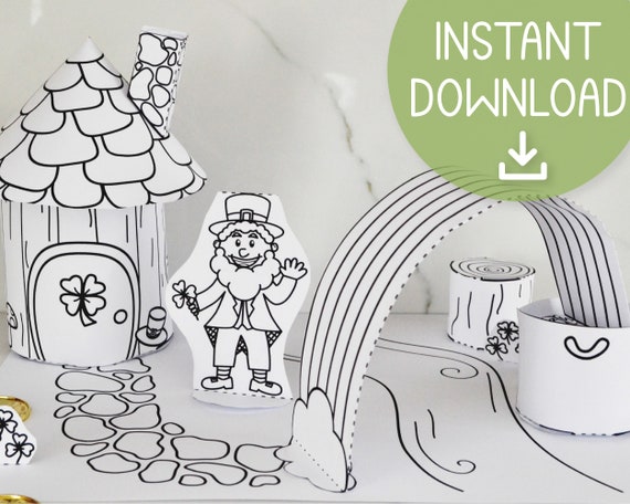 Leprechaun paper house printable activity for kids st patricks day kids paper craft paper house template coloring page activity sheet