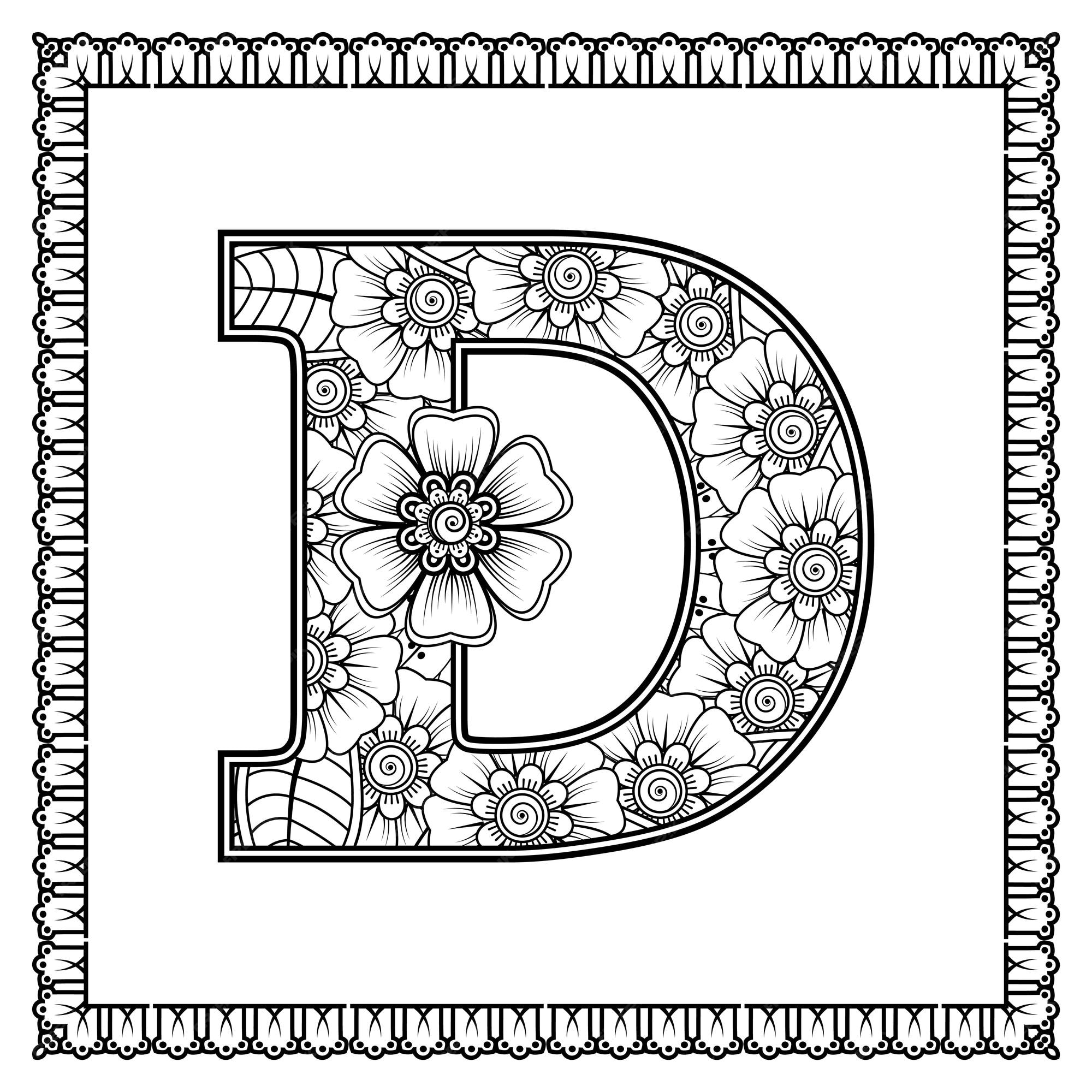 Premium vector letter d made of flowers in mehndi style coloring book page outline handdraw vector illustration