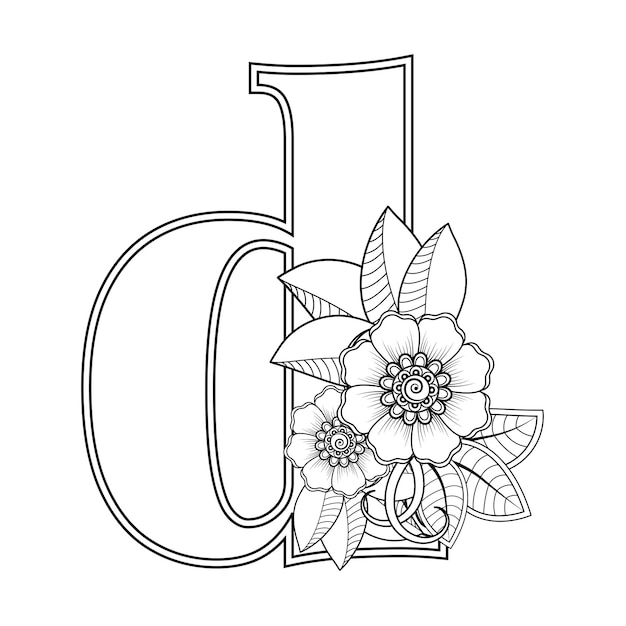 Premium vector letter d made of flowers in mehndi style coloring book page outline hand