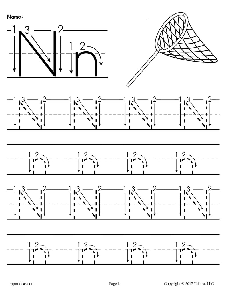 Printable letter n tracing worksheet with number and arrow guides â