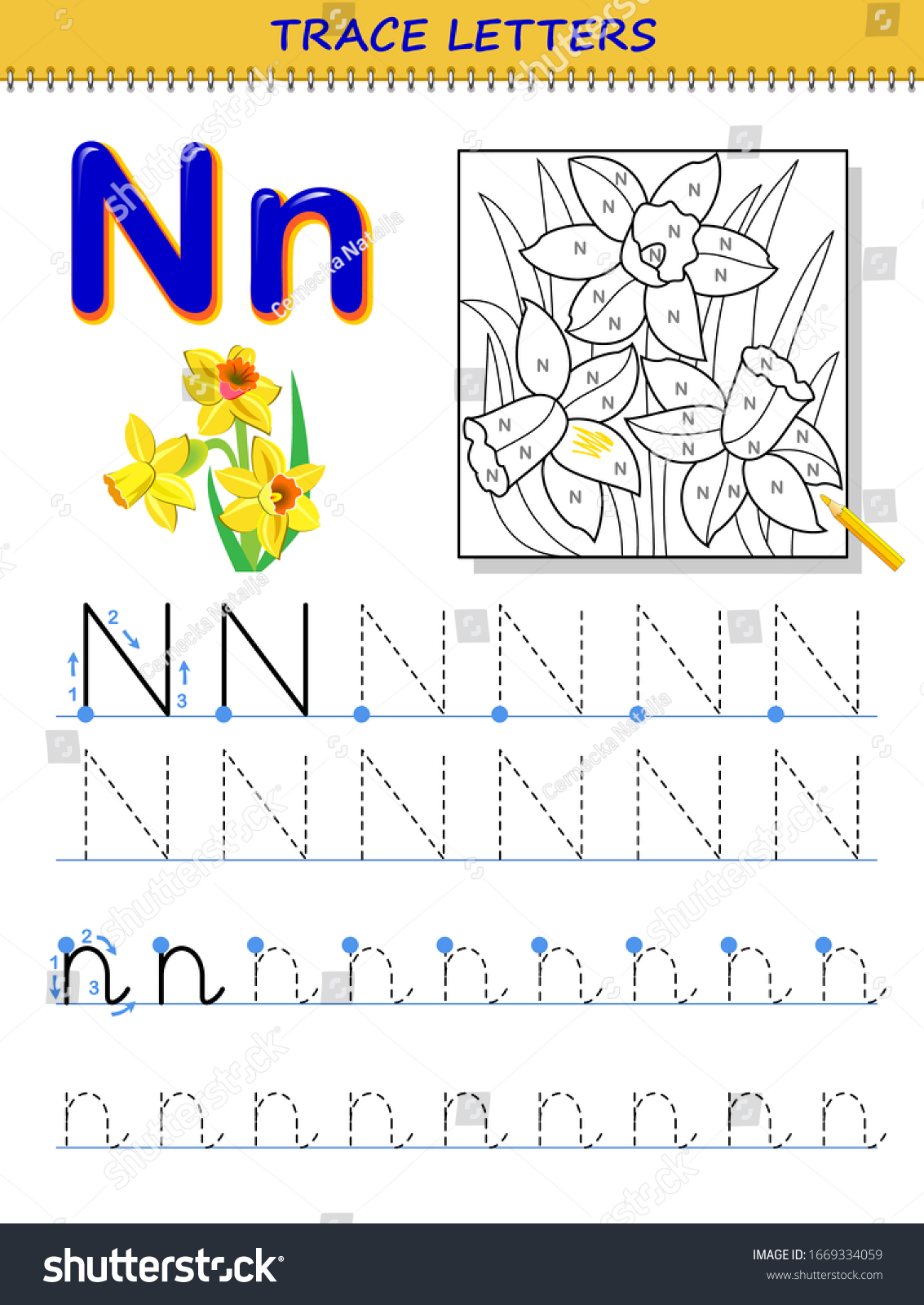 Tracing letter n study alphabet printable stock vector royalty free