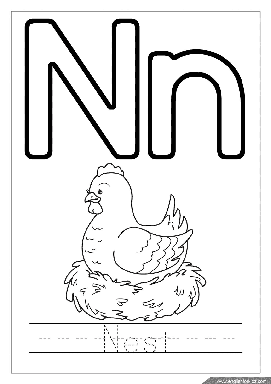 English for kids step by step letter n worksheets flash cards coloring pages