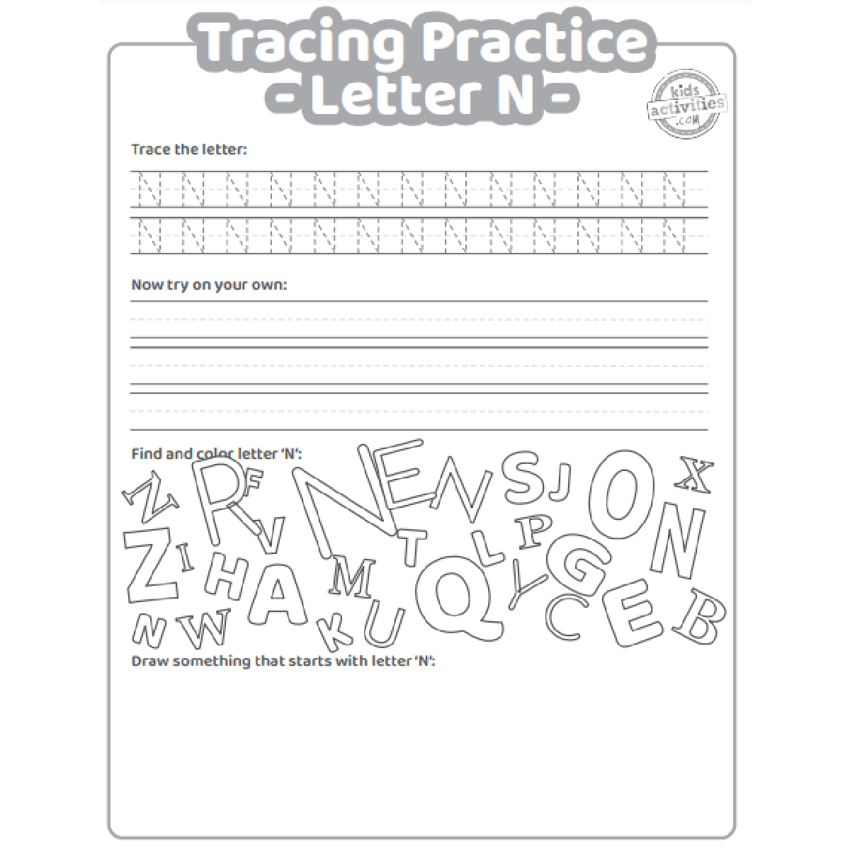 Free letter n practice worksheet trace it write it find it draw kids activities blog
