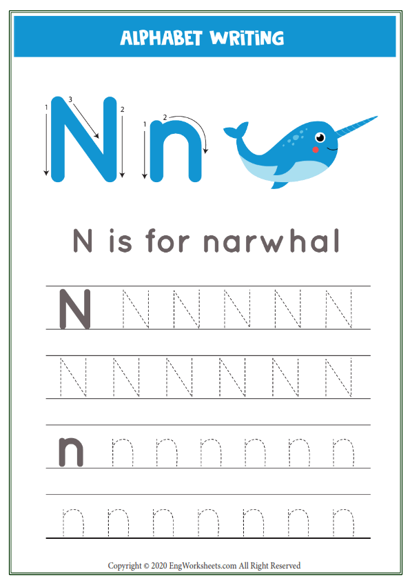 Letter n alphabet tracing worksheet with animal illustration