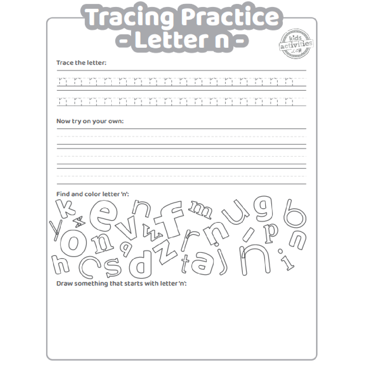 Free letter n practice worksheet trace it write it find it draw kids activities blog