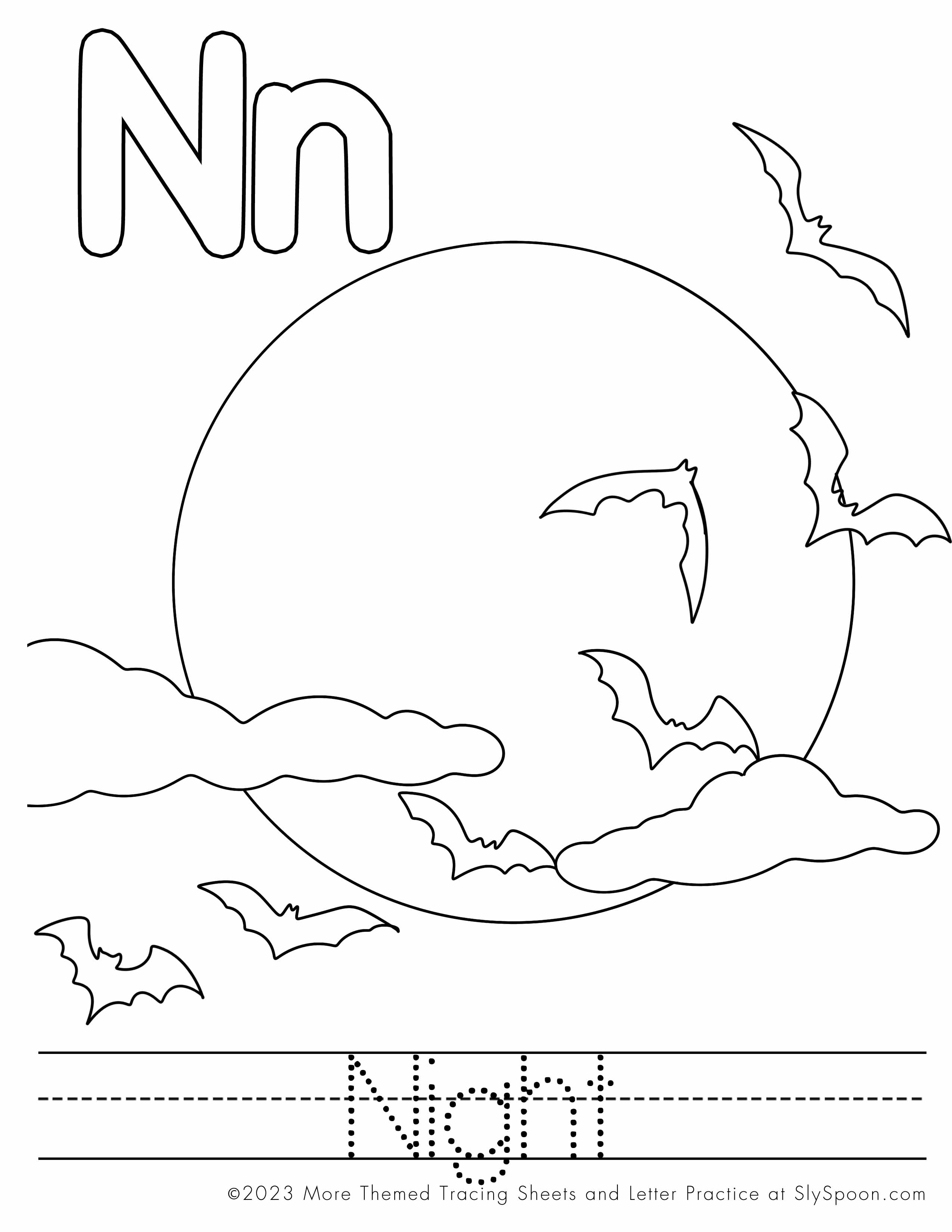 Free printable halloween themed letter n coloring and activity worksheets