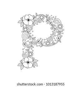 Floral alphabet letter p coloring book stock vector royalty free