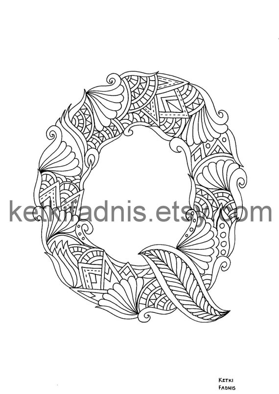 Letter q coloring page instant pdf download alphabet coloring page hand drawn diy printable coloring page letter illustration