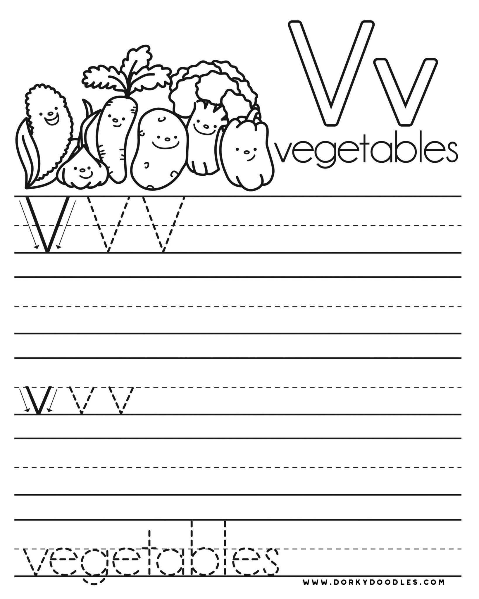 Letter v writing practice and coloring page â dorky doodles