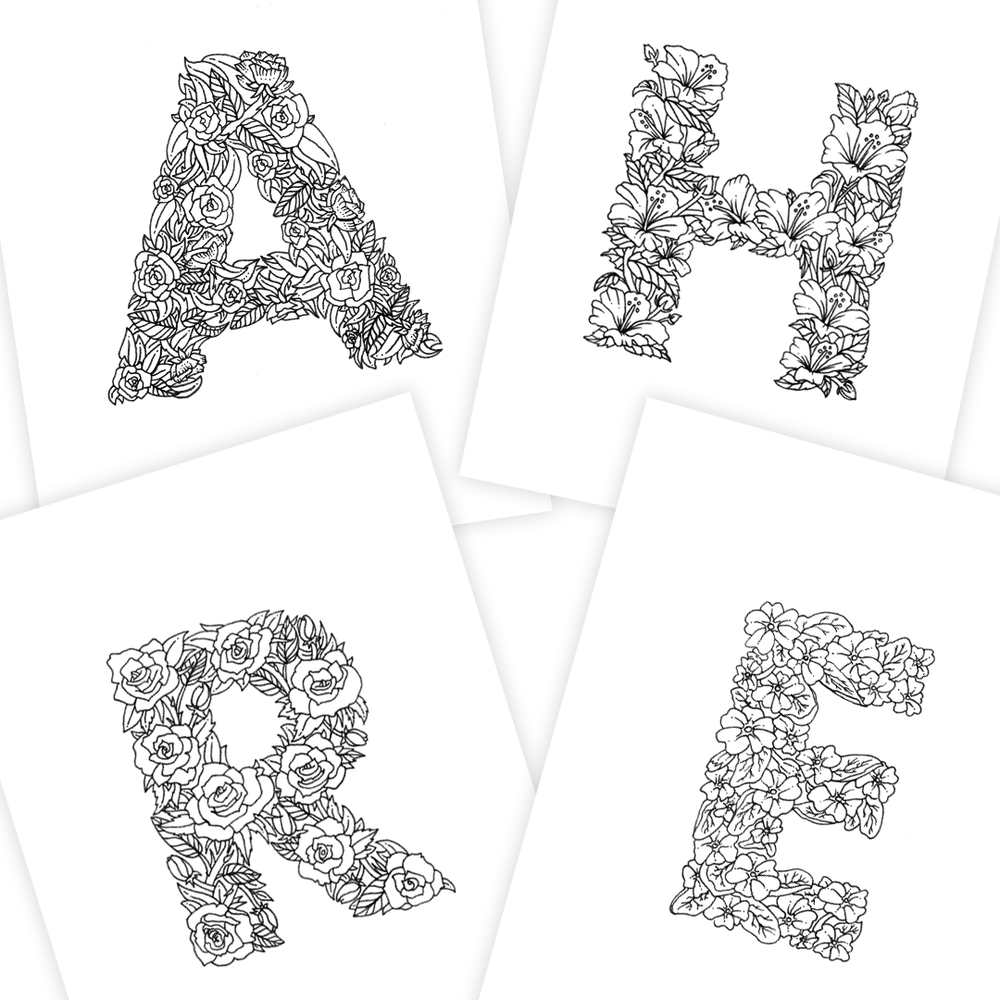 Alphabet with flowers coloring pages download and print