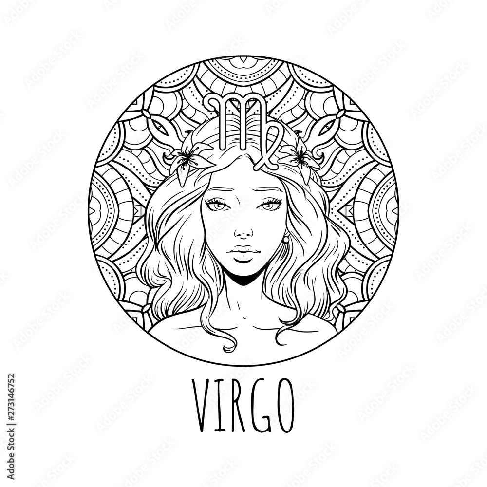 Virgo zodiac sign artwork adult coloring book page beautiful horoscope symbol girl vector illustration vector