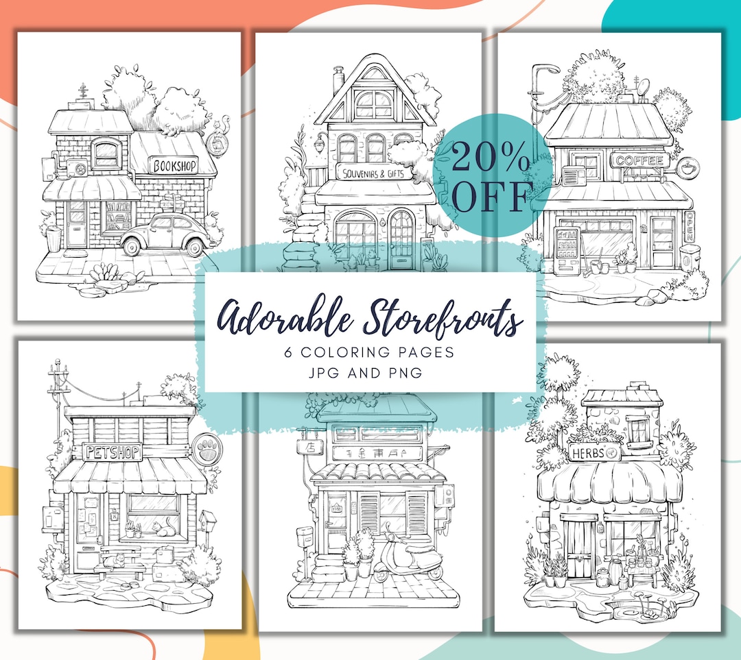 Adorable storefront coloring printables bundle cute storefronts procreate jpg png letter size reydaprints