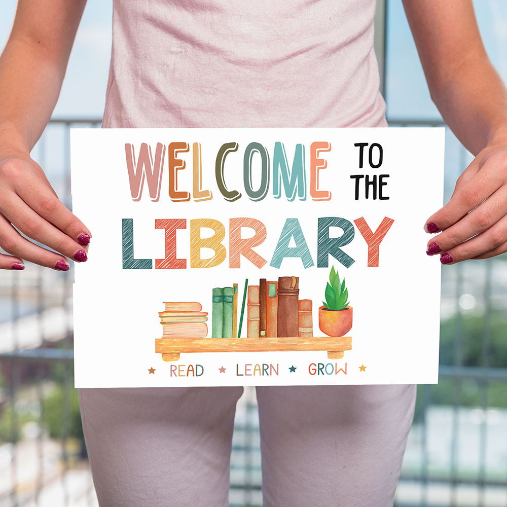 Printable school library wele sign library wall art for school or home library made by teachers