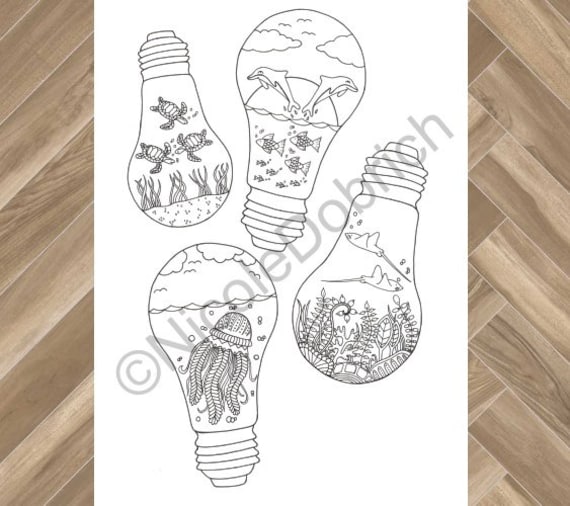 Lightbulb ocean scene printable adult coloring page instant download adult coloring book instant print kids coloring page