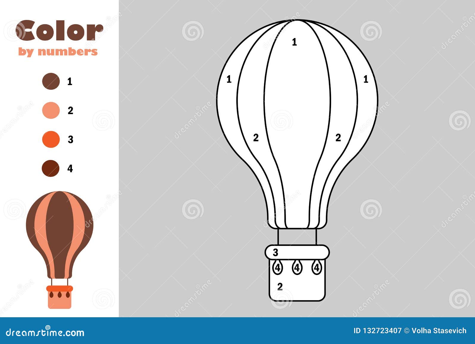 Air balloon in cartoon style color by number education paper game for the development of children coloring page kids preschool stock illustration