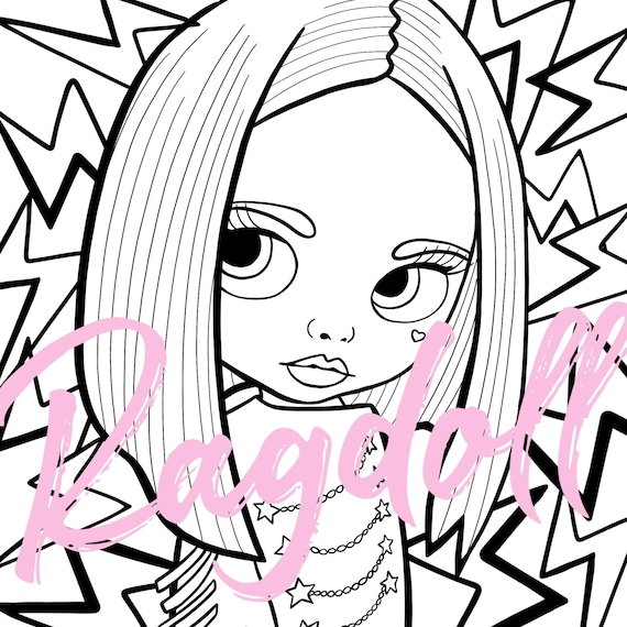 Colouring page printable lightning bolt doll colouring page blythe doll inspired kawaii cute kids art adult colouring coloring page