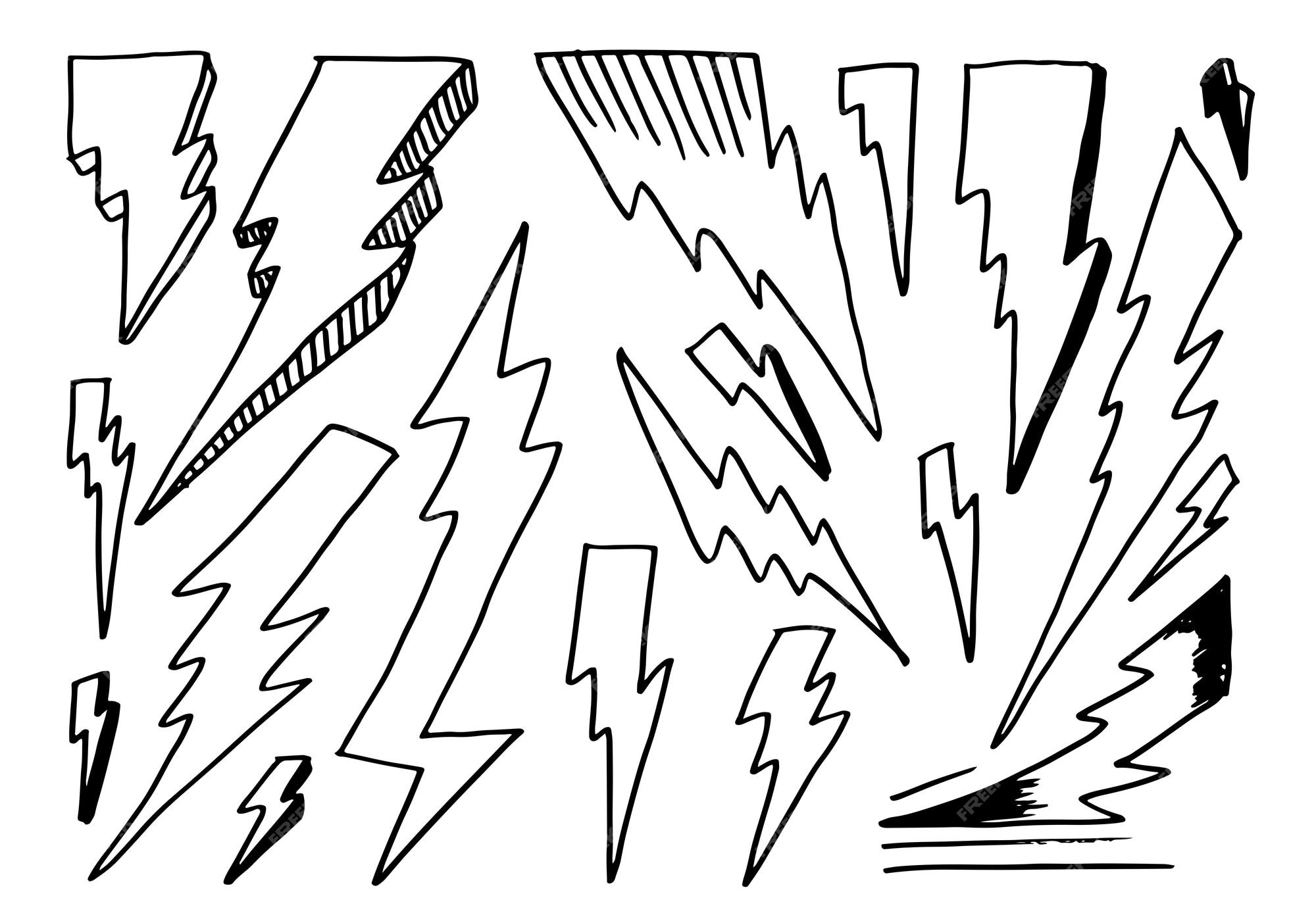 Premium vector set of hand drawn vector doodle electric lightning bolt symbol sketch illustrations thunder symbol doodle icon