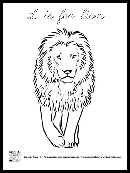 Letter l is for lion coloring page free printable cursive font â the art kit