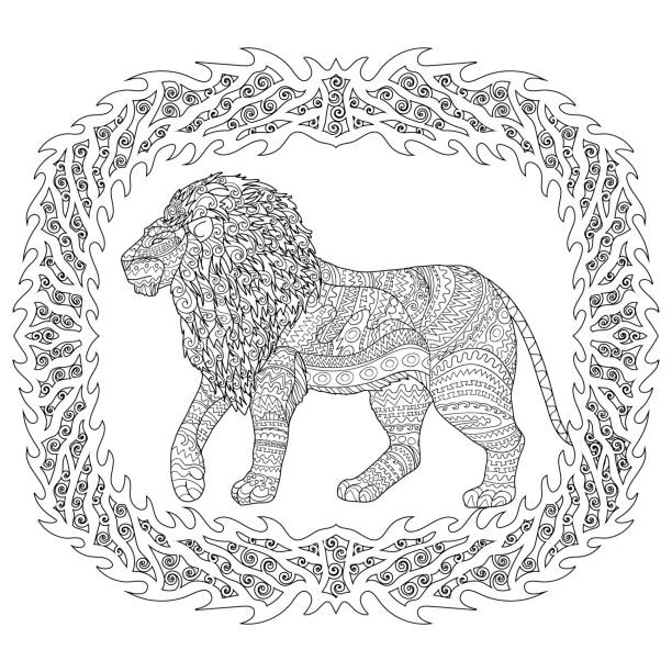 Adult coloring page for antistress with lion stock illustration