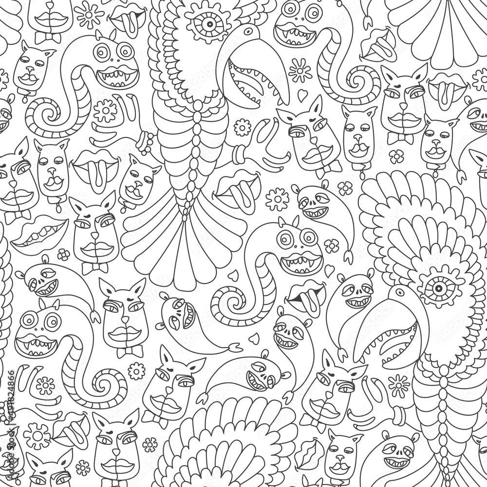 Vector cat dog face parrot snake lips smiling monsters seamless pattern for coloring book page for adults and children hippie print vector