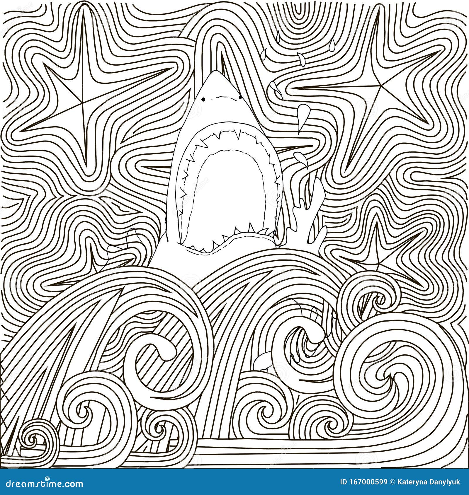 Shark open mouth on doodle wave adult coloring page art design stock vector illustration stock vector