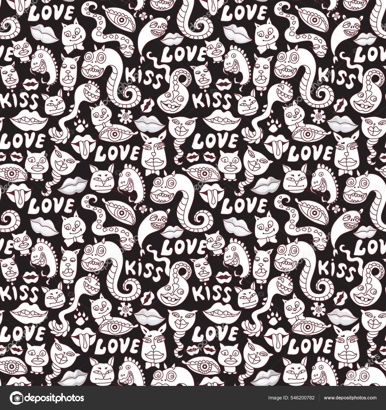 Seamless pattern dragons cat dog faces lips love hippie print stock photo by lkramer