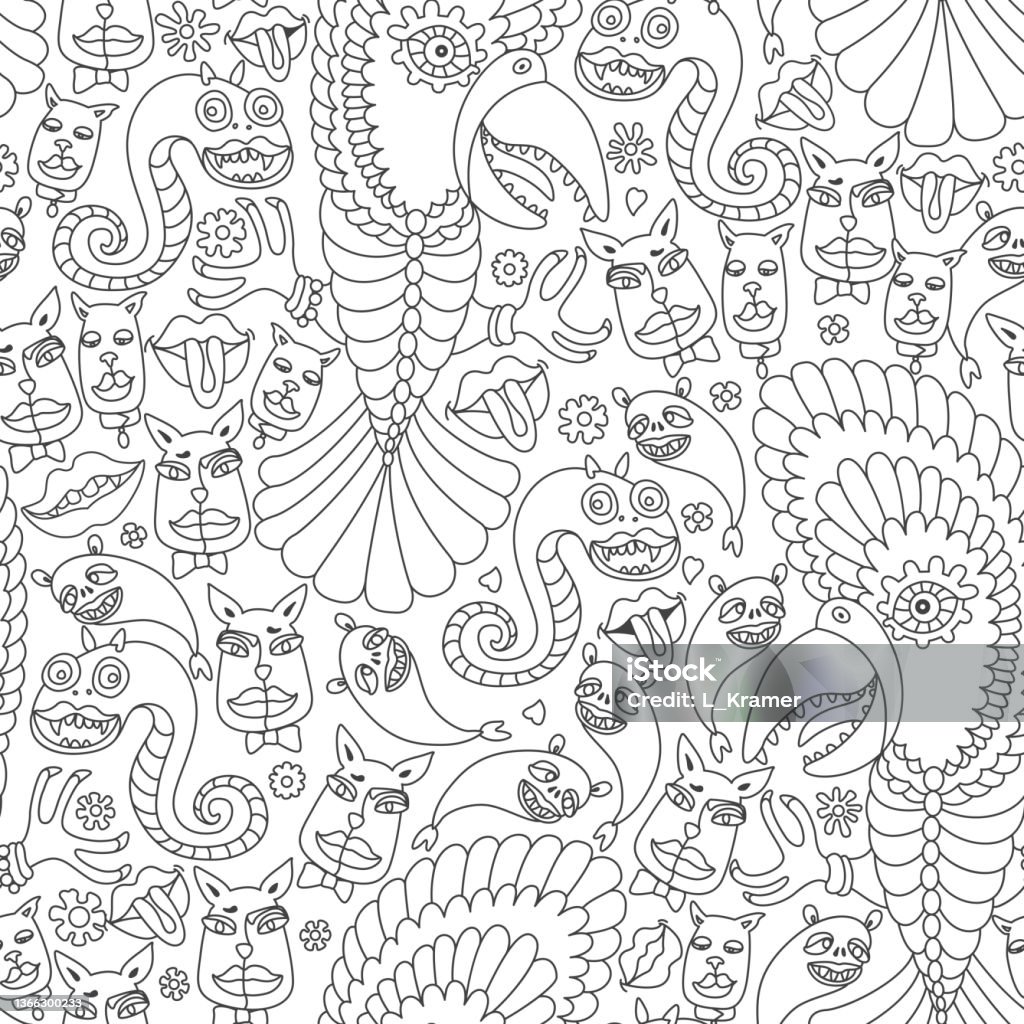 Vector cat dog face parrot snake lips smiling monsters seamless pattern for coloring book page for adults and children hippie print stock illustration