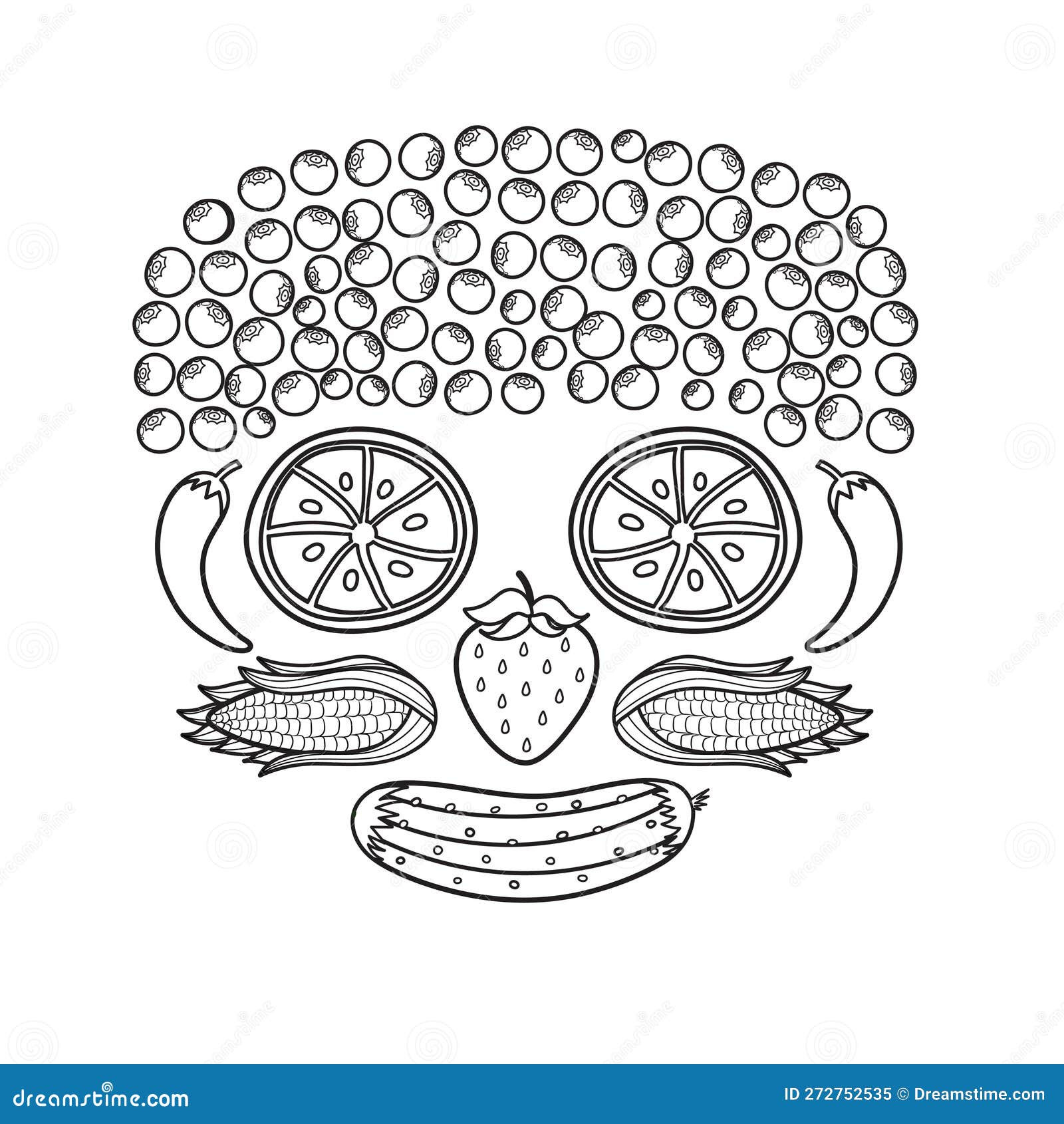 Black and white fruit and vegetable face funny healthy coloring page stock vector