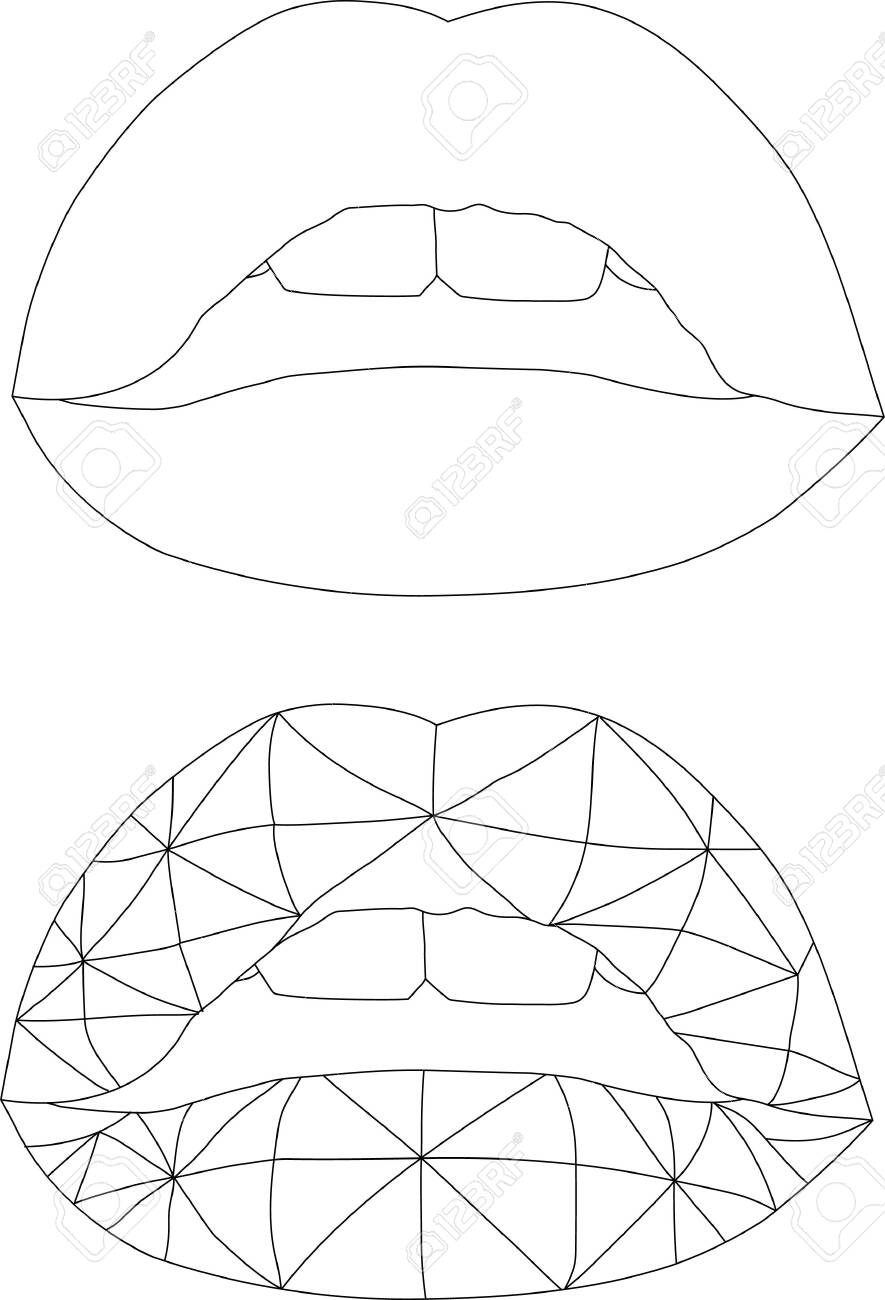 Realistic cartoon geometric lips template set vector illustration in black and white for games background pattern decor print for fabrics and other surfaces coloring paper page book royalty free svg cliparts vectors